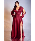 Plus Size A-line V-neck Floor Length Pleated Gathered Wrap Satin Evening Dress