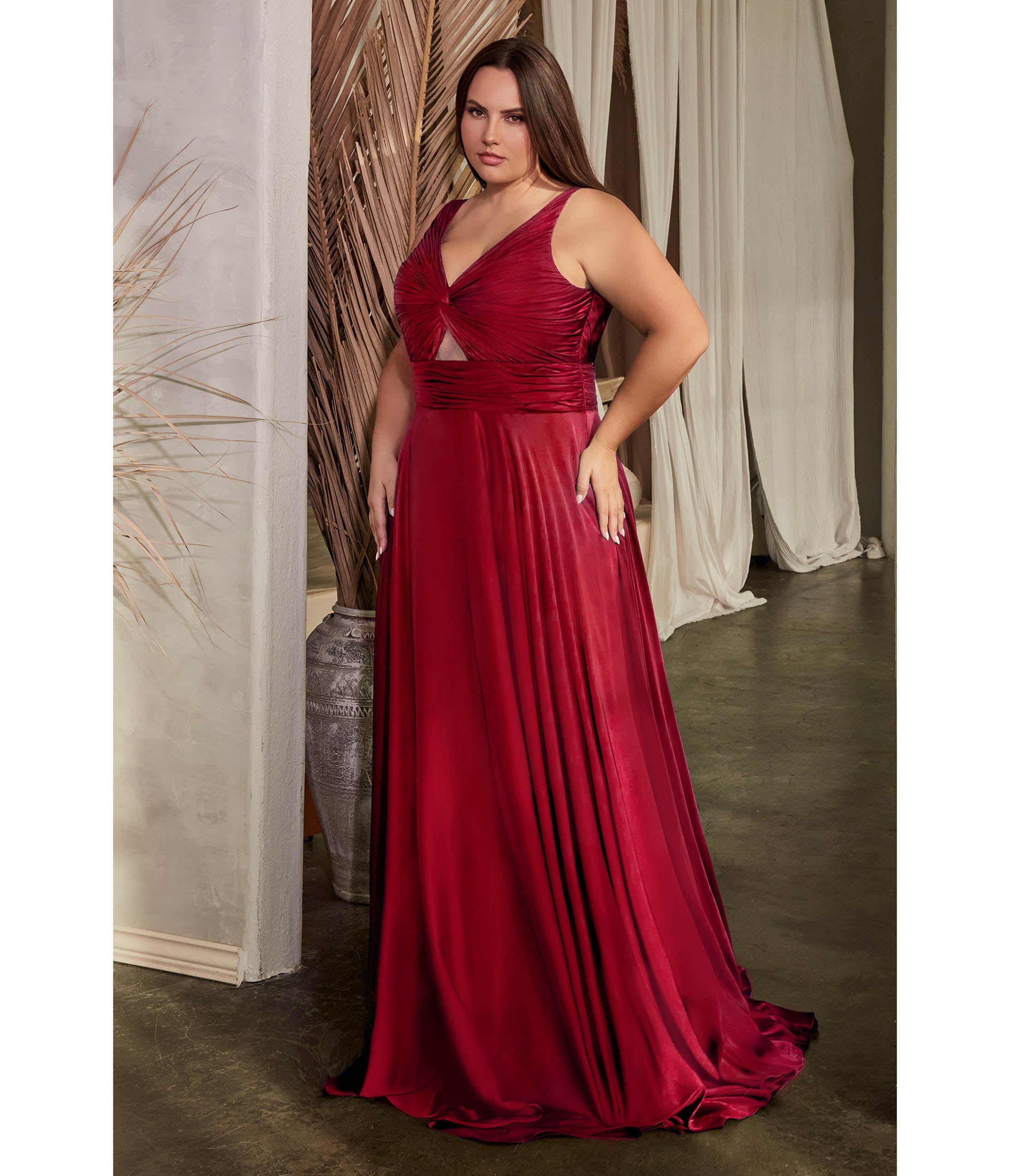 

Cinderella Divine Plus Size Burgundy Satin Ruched Knotted Keyhole Evening Gown