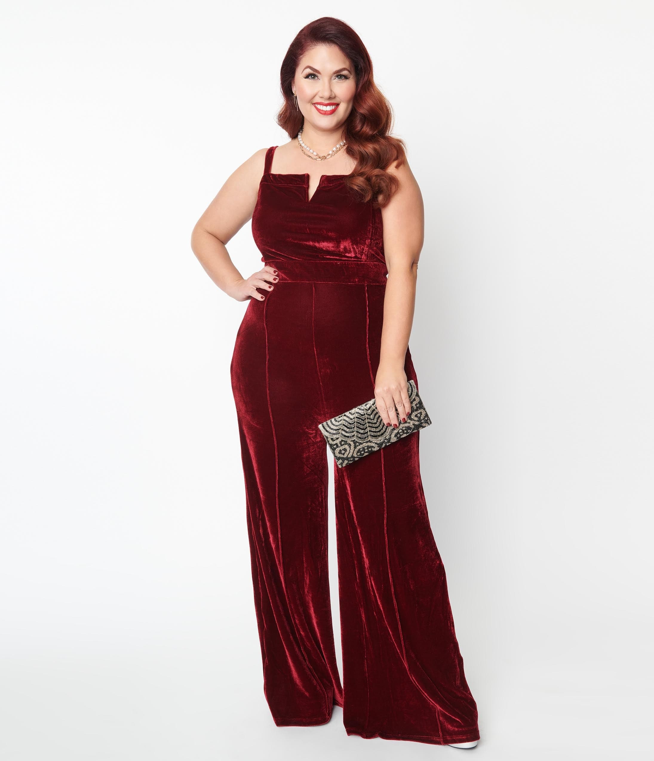 

Plus Size Burgundy Velvet Jumpsuit