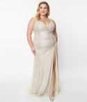 V-neck Plunging Neck Sheath Tulle Beaded Mesh Slit Cutout Sheath Dress/Wedding Dress with a Brush/Sweep Train by May Queen Inc.