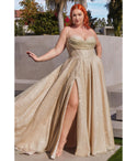 Plus Size Glittering Pleated Slit Corset Waistline Floor Length Cowl Neck Ball Gown Prom Dress with a Brush/Sweep Train