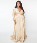 Plus Size Sophisticated V-neck Long Sleeves Draped Back Zipper Fitted Slit Goddess Satin Maxi Dress