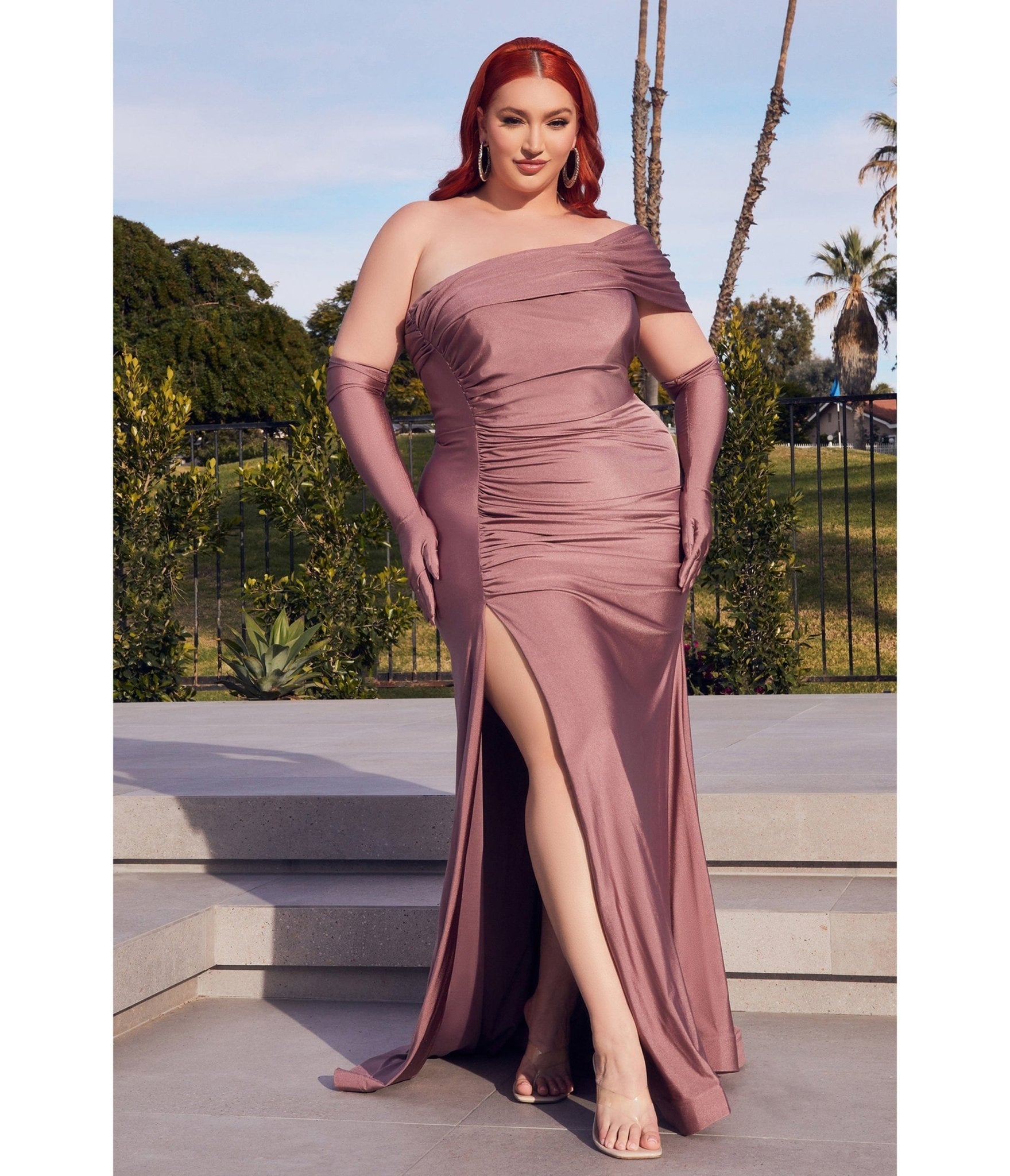 

Cinderella Divine Plus Size Dark Mauve One Shoulder Bridesmaid Trumpet Gown With Gloves