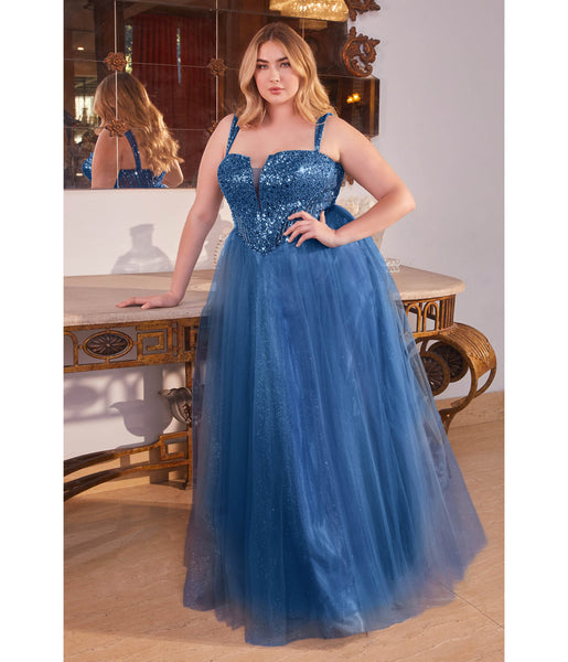 Plus Size A-line V-neck Strapless Plunging Neck Corset Waistline Tulle Lace-Up Glittering Sequined Ball Gown Prom Dress