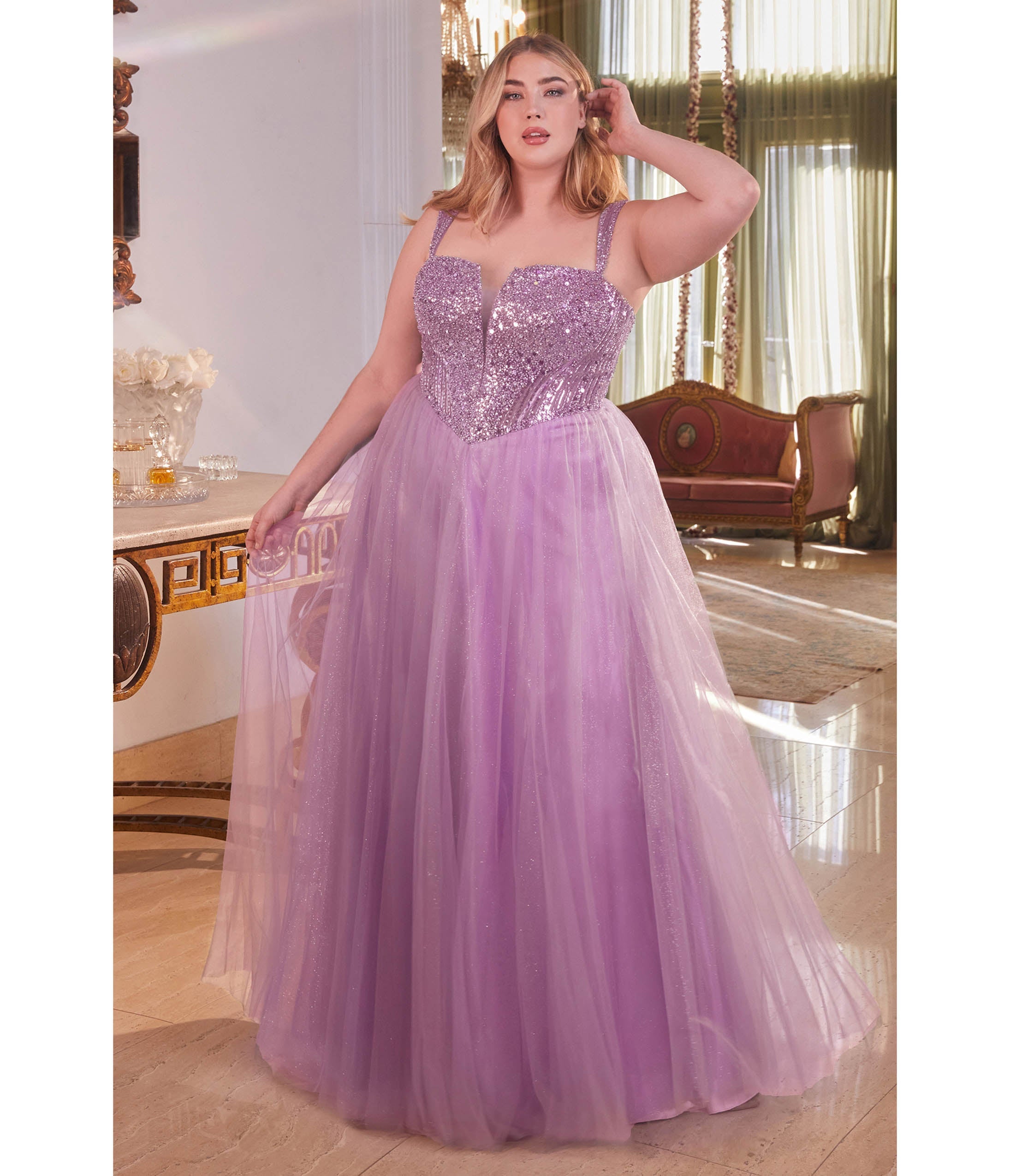 

Cinderella Divine Plus Size Dusty Lavender Glitter Bodice & Tulle Prom Ball Gown