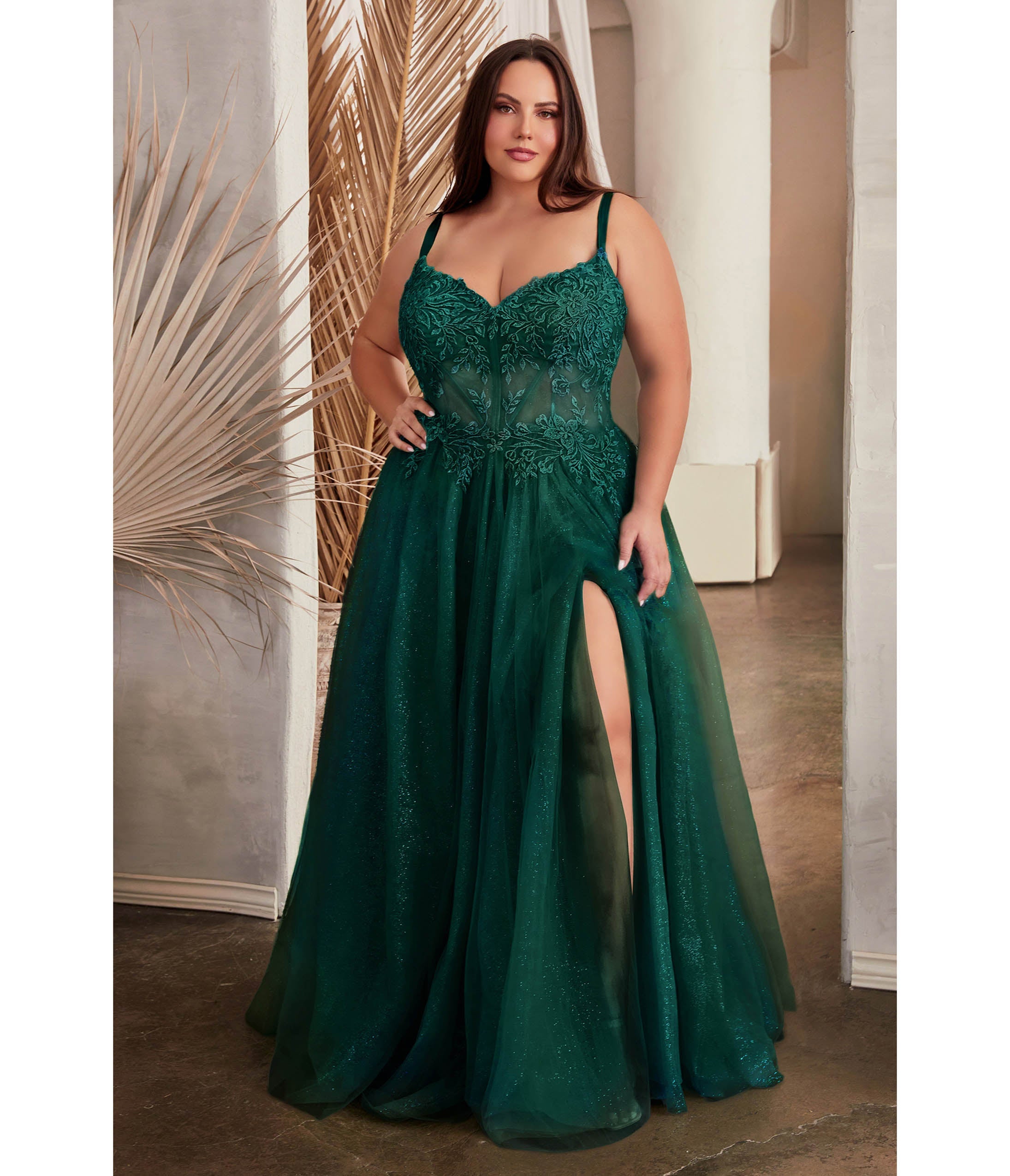 

Cinderella Divine Plus Size Emerald Foliage Applique Corset Tulle Gown