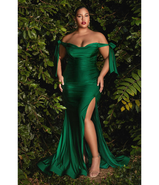 Plus Size Ruched Slit Off the Shoulder Jersey Mermaid Bridesmaid Dress