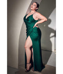 Plus Size V-neck Satin Floor Length Faux Wrap Slit Ruched Spaghetti Strap Bridesmaid Dress