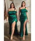 Plus Size Cap Sleeves Off the Shoulder One Shoulder Draped Asymmetric Ruched Slit Satin Sheath Sheath Dress/Evening Dress with a Brush/Sweep Train