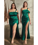 Plus Size Satin Sheath Cap Sleeves Off the Shoulder One Shoulder Asymmetric Draped Slit Ruched Sheath Dress/Evening Dress with a Brush/Sweep Train