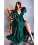 Plus Size A-line V-neck Floor Length Pleated Wrap Gathered Satin Evening Dress