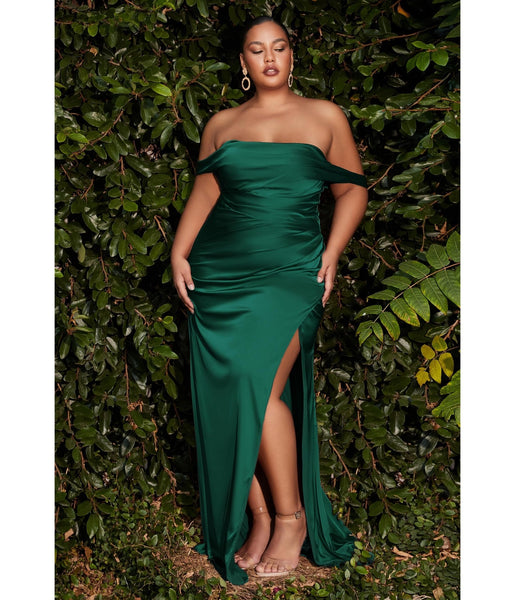 Plus Size Floor Length Sweetheart Draped Fitted Ruched Slit Off the Shoulder Satin Bridesmaid Dress