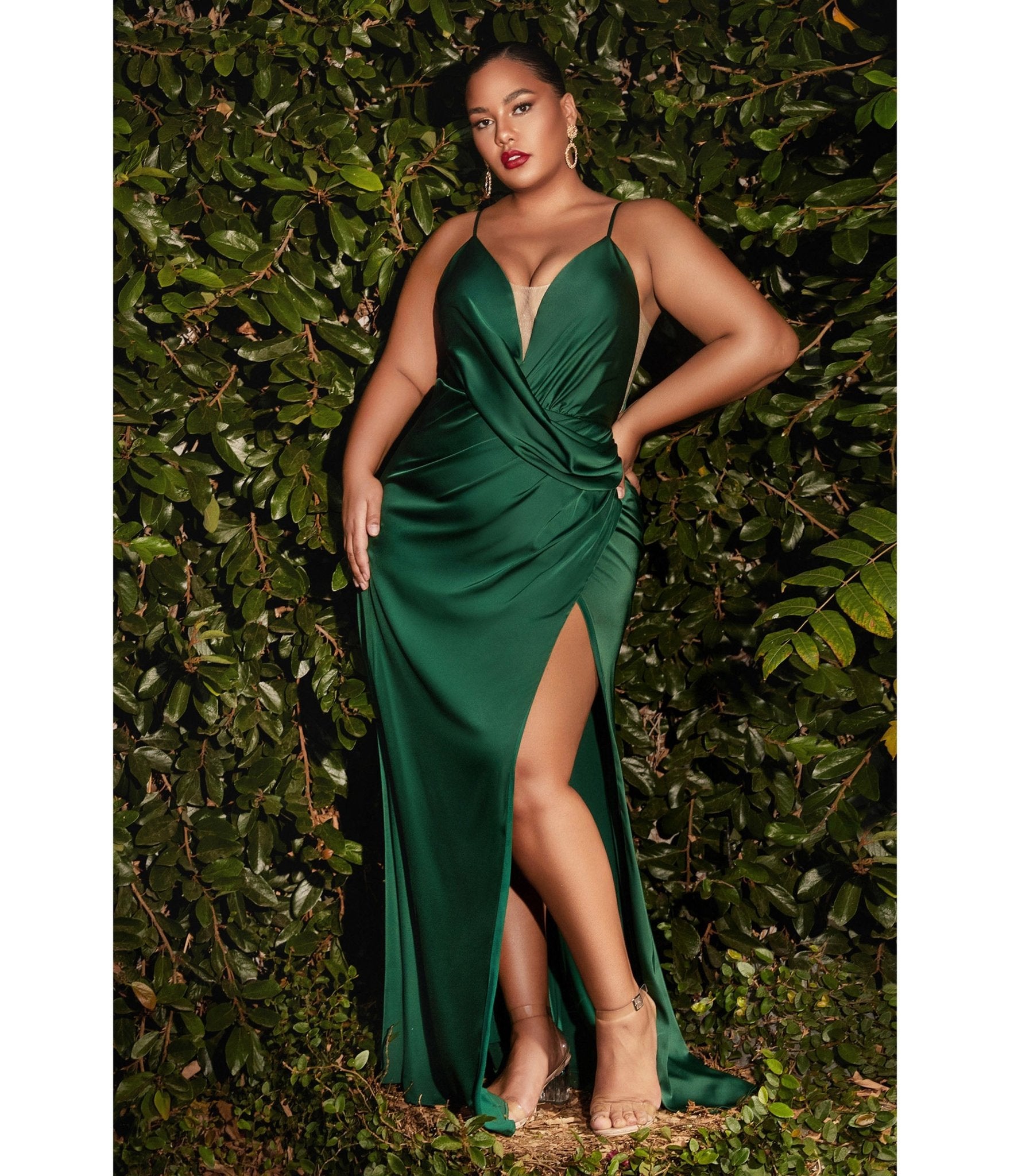

Cinderella Divine Plus Size Emerald Satin Illusion Neck Homecoming Gown