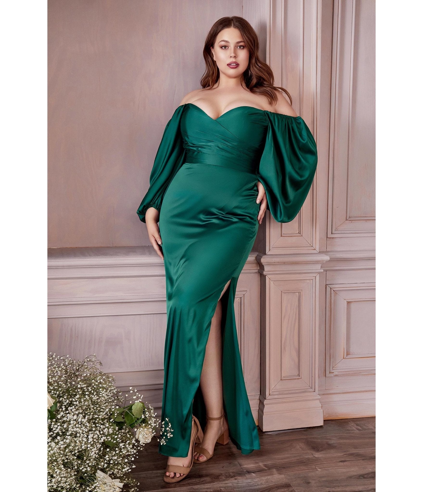 

Cinderella Divine Plus Size Emerald Satin Long Sleeve Bridesmaid Dress