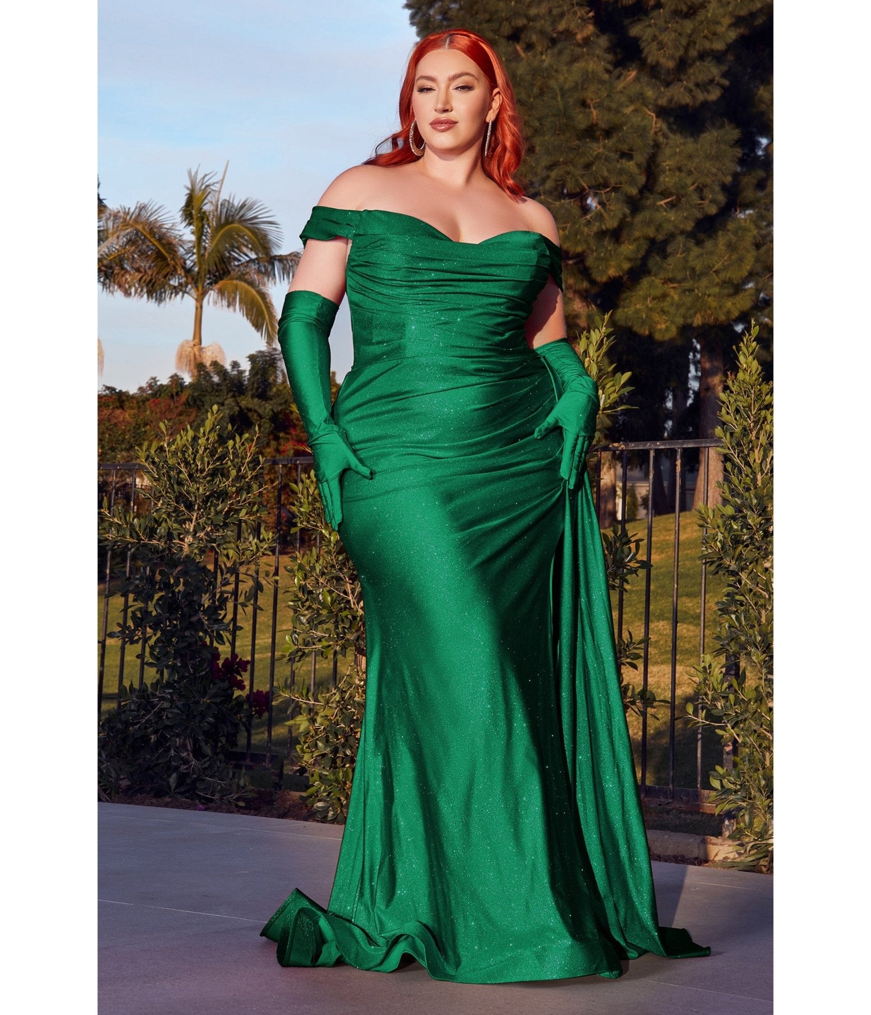 

Cinderella Divine Plus Size Emerald Shimmering Off The Shoulder Bridesmaid Dress With Gloves