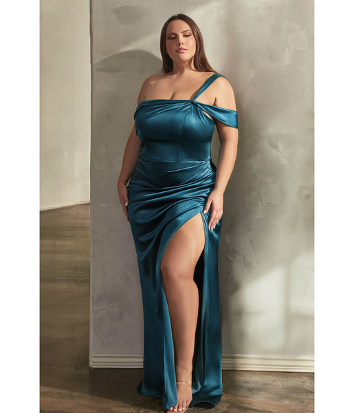Plus Size Cap Sleeves Off the Shoulder One Shoulder Draped Asymmetric Slit Ruched Satin Sheath Sheath Dress/Evening Dress with a Brush/Sweep Train
