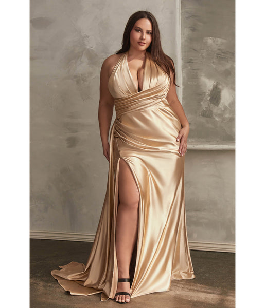 Plus Size V-neck Halter Plunging Neck Satin Backless Asymmetric Slit Fitted Pleated Sleeveless Sheath Sheath Dress/Evening Dress with a Brush/Sweep Train