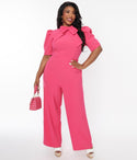 Plus Size Belted Fitted Collared Short Puff Sleeves Sleeves Jumpsuit