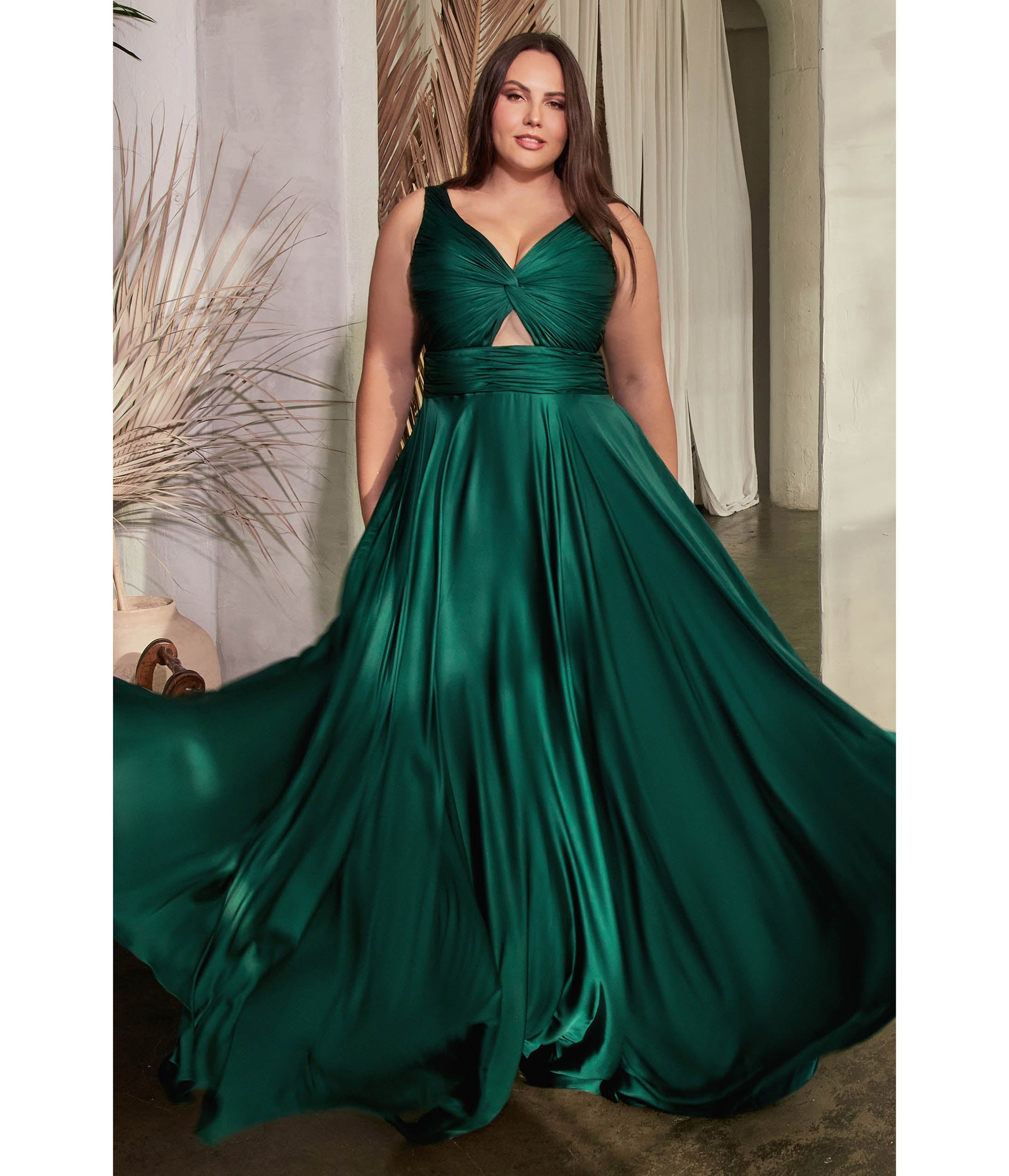 

Cinderella Divine Plus Size Hunter Green Satin Ruched Knotted Keyhole Evening Gown