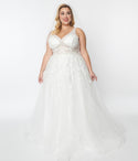 Plus Size V-neck Floral Print Floor Length Button Closure Belted Semi Sheer Embroidered Sleeveless Ball Gown Wedding Dress