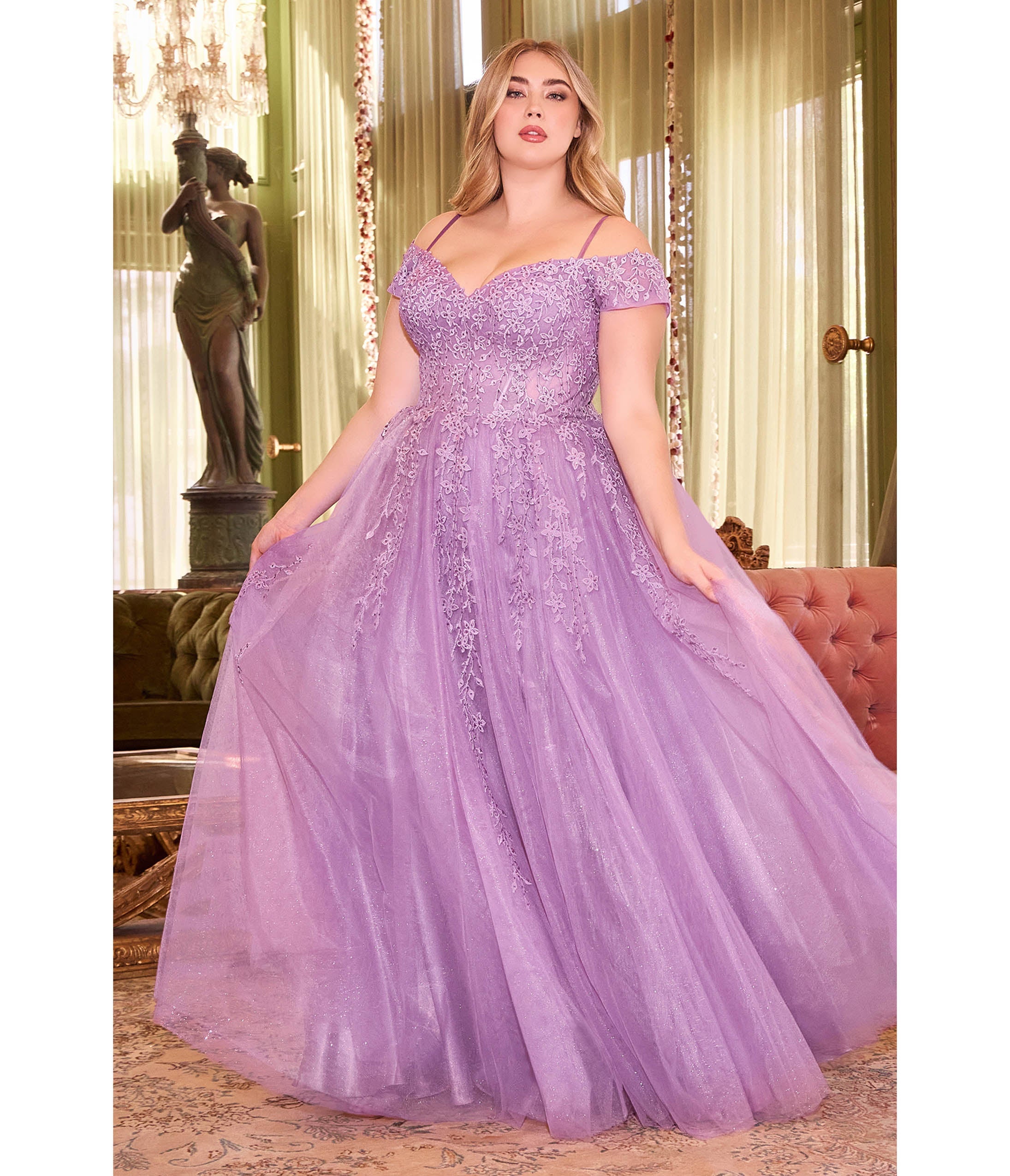 

Cinderella Divine Plus Size Lavender Glitter Tulle Off The Shoulder Applique Slit Gown