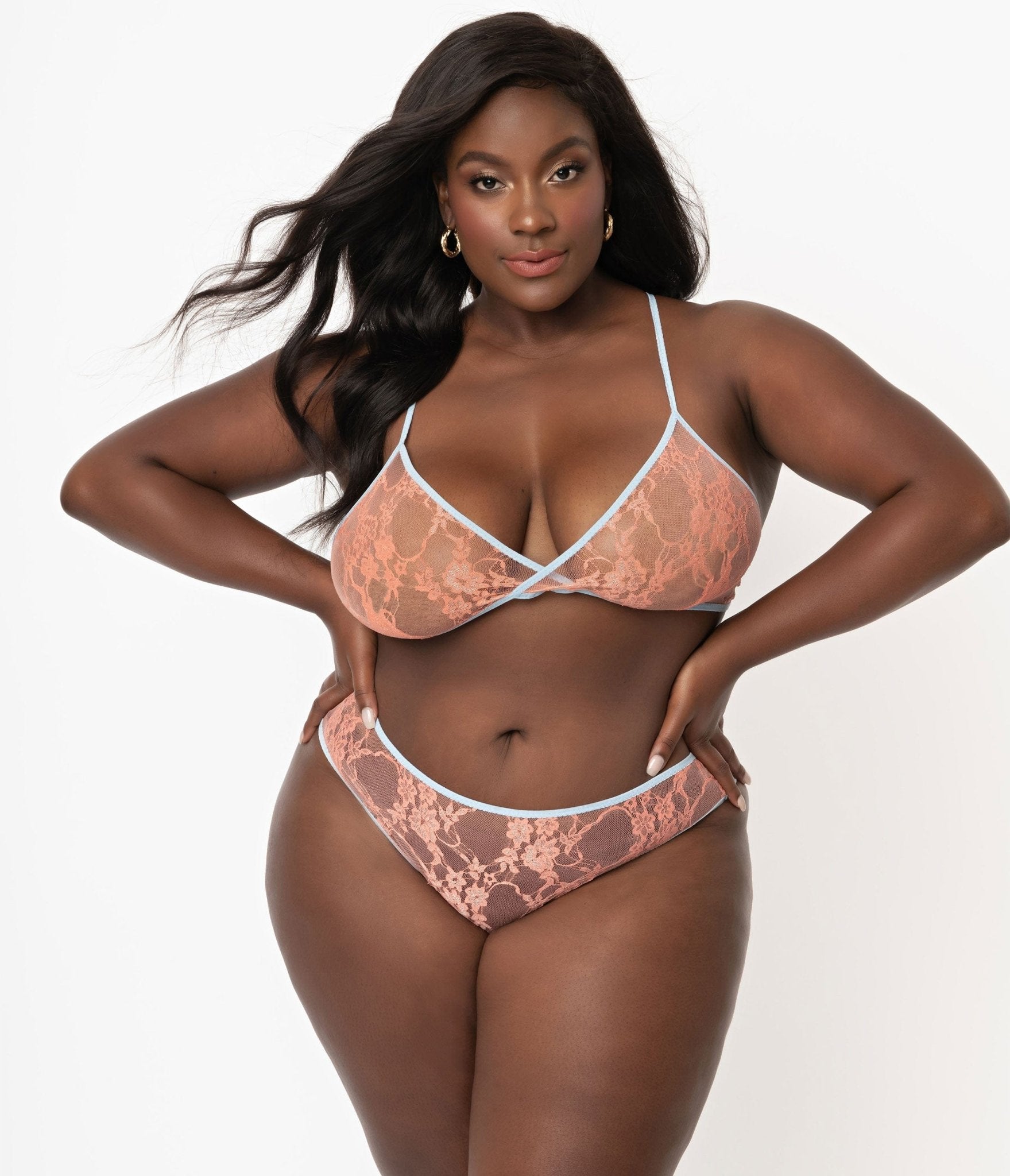 

Plus Size Light Blue & Peach Sheer Lace Cheeky Underwear