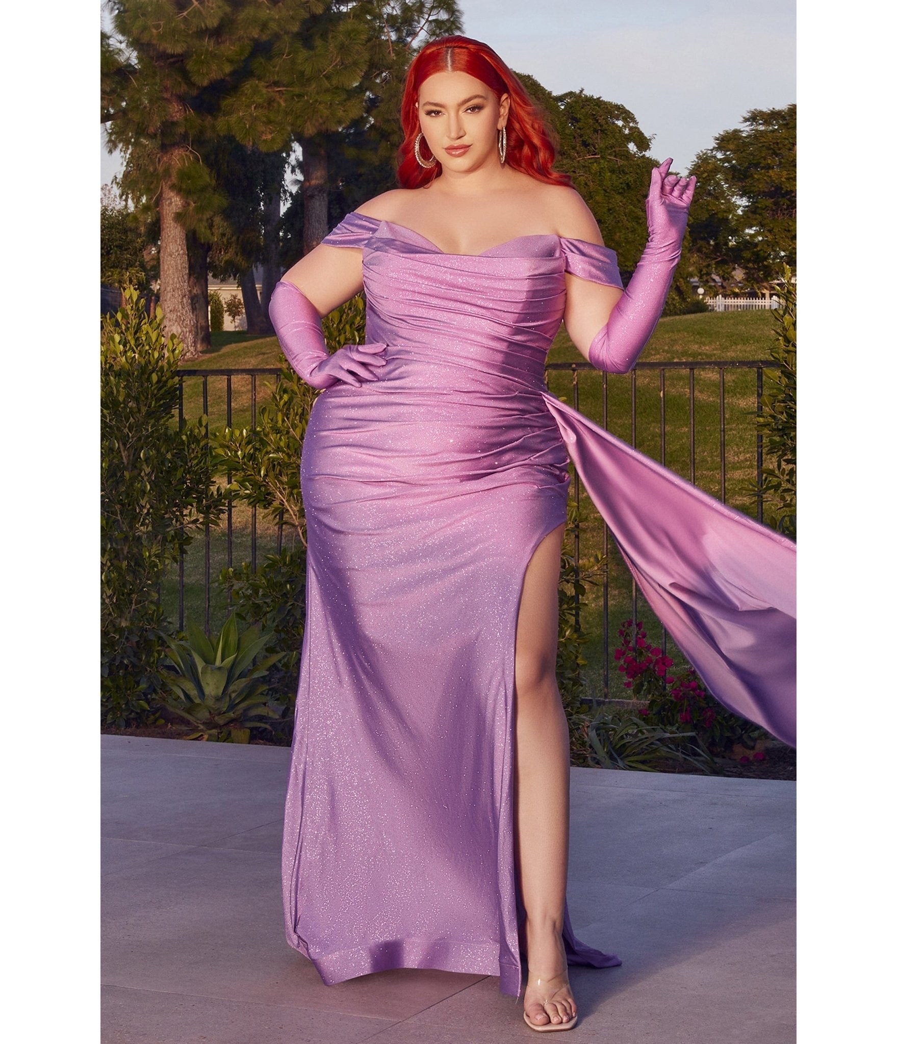 

Cinderella Divine Plus Size Lilac Shimmering Off The Shoulder Bridesmaid Dress With Gloves