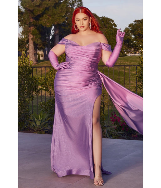 Plus Size Glittering Gathered Slit Off the Shoulder Satin Sweetheart Bridesmaid Dress