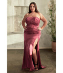 Plus Size Strapless Satin Floor Length Sweetheart Pleated Slit Ruched Corset Waistline Sheath Sheath Dress/Evening Dress