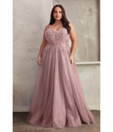 Plus Size A-line Corset Waistline Sweetheart Glittering Lace-Up Applique Slit Open-Back Beaded Shirred Sheer Sleeveless Spaghetti Strap Floor Length Dress