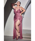 Plus Size V-neck Floor Length Slit Ruched Faux Wrap Spaghetti Strap Satin Prom Dress