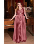 A-line V-neck Satin Sleeveless Cutout Ruched Keyhole Evening Dress by Cinderella Divine Moto