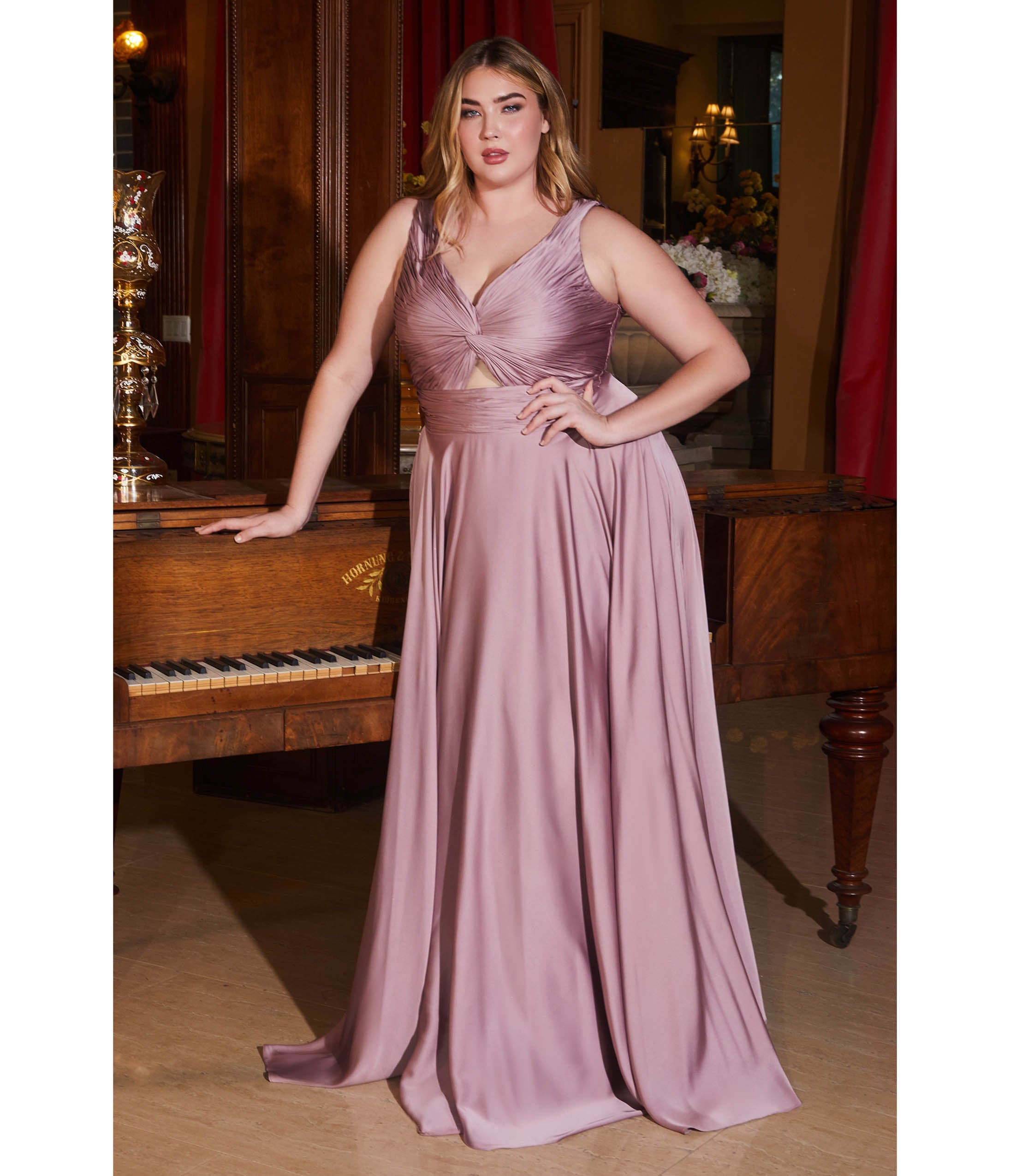 

Cinderella Divine Plus Size Mauve Satin Ruched Knotted Keyhole Evening Gown