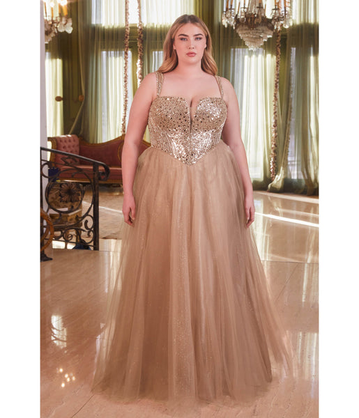 Plus Size A-line V-neck Strapless Corset Waistline Tulle Plunging Neck Glittering Lace-Up Sequined Ball Gown Prom Dress