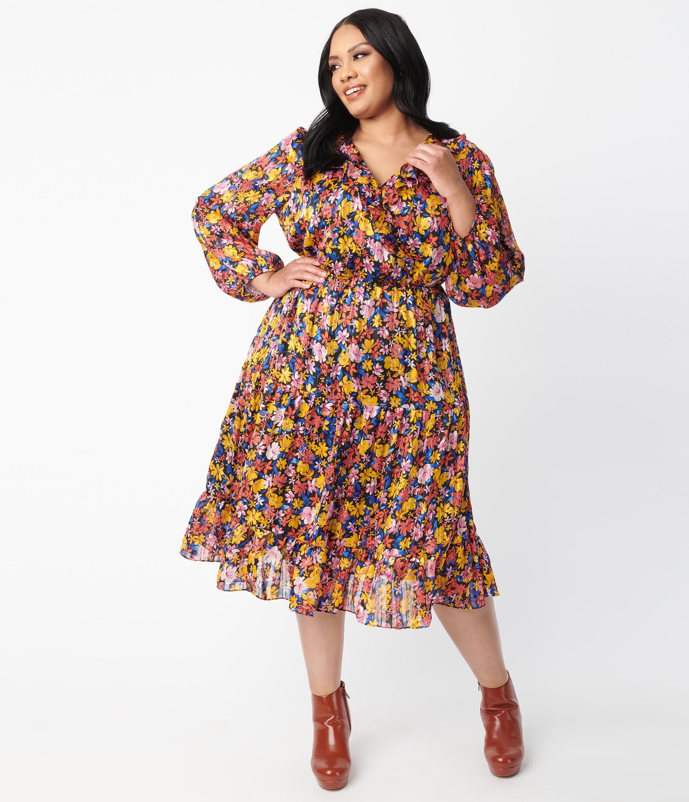 

Plus Size Multicolor Floral Midi Dress