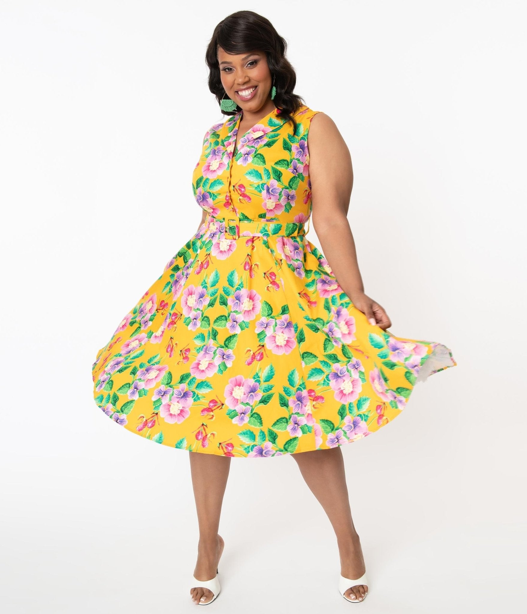 

Plus Size Mustard & Pink Wild Floral Medley Print Jani Swing Dress