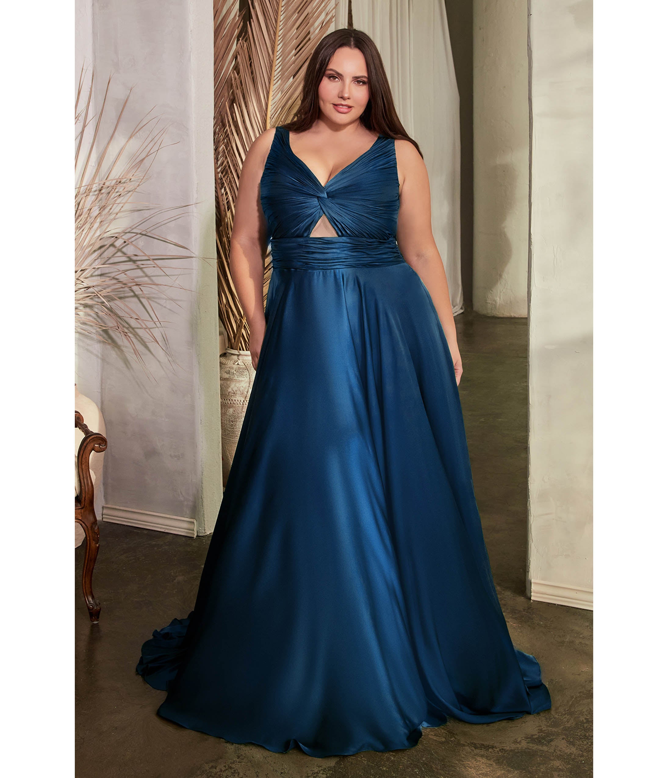 

Cinderella Divine Plus Size Navy Satin Ruched Knotted Keyhole Evening Gown