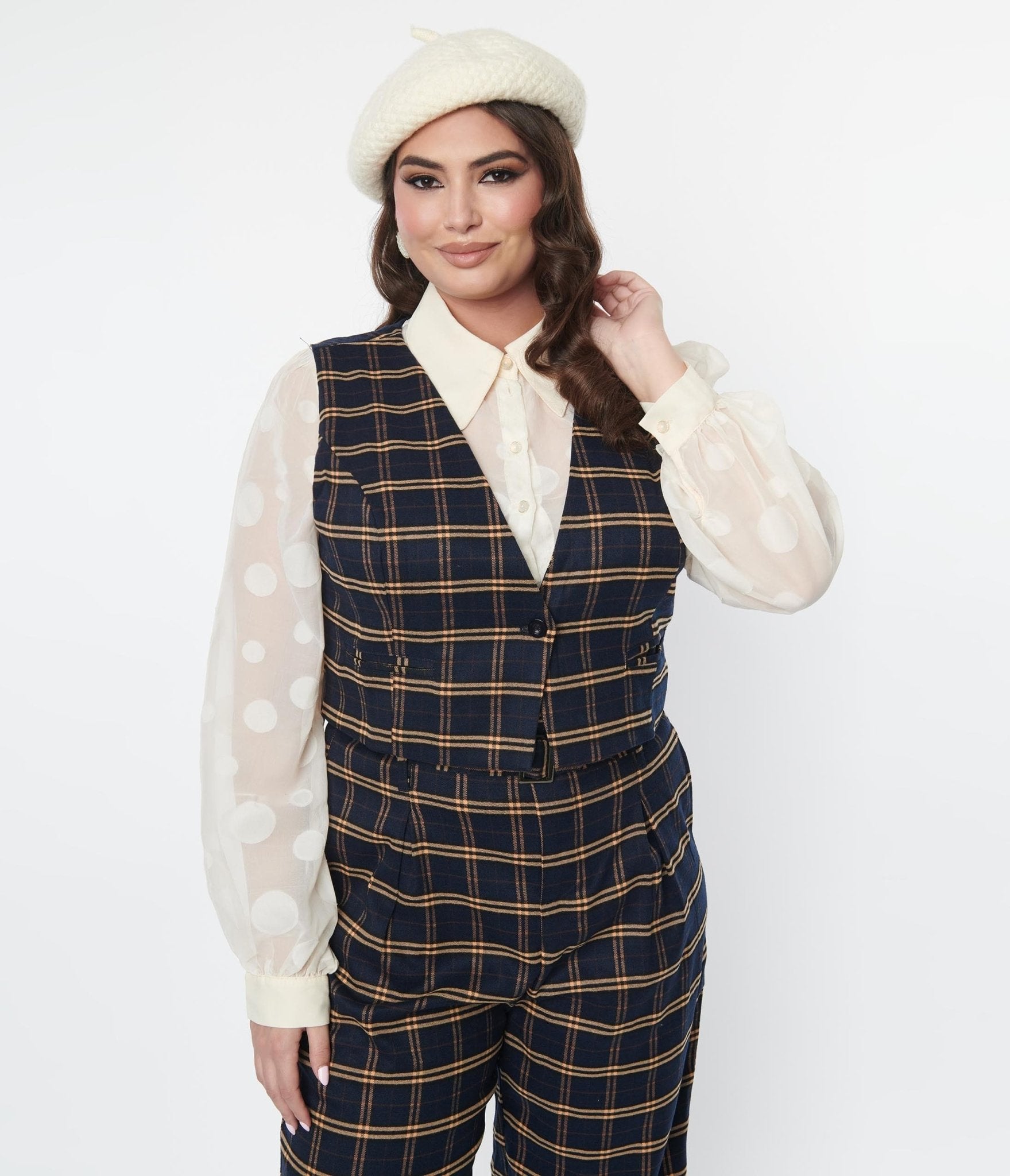 

Plus Size 1940S Navy & Tan Plaid Waistcoat