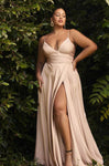 Plus Size V-neck Ruched Faux Wrap Slit Satin Spaghetti Strap Floor Length Prom Dress