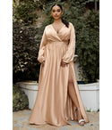 Plus Size A-line V-neck Satin Floor Length Pleated Gathered Wrap Evening Dress