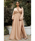 Plus Size A-line V-neck Satin Pleated Gathered Wrap Floor Length Evening Dress