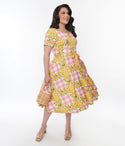 Plus Size Checkered Gingham Print Knit Scoop Neck Short Sleeves Sleeves Swing-Skirt Dress