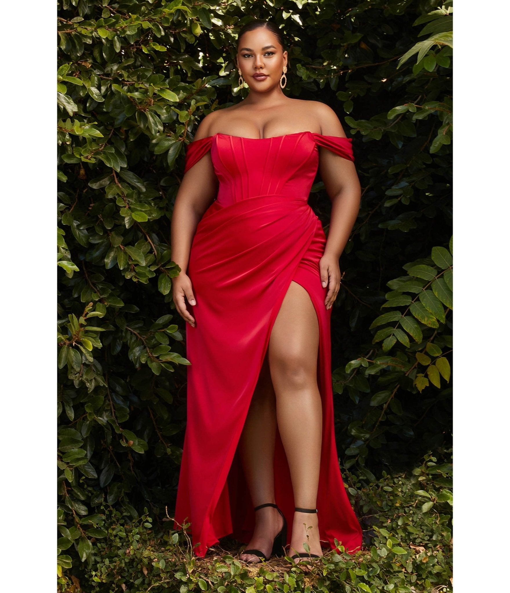 

Cinderella Divine Plus Size Red Divine Satin Corset Off-Shoulder Prom Dress