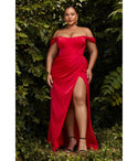 Plus Size Corset Waistline Sheath Draped Slit Fitted Lace-Up Satin Off the Shoulder Ball Gown Sheath Dress/Prom Dress