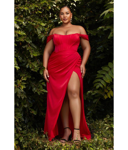 Plus Size Satin Sheath Off the Shoulder Corset Waistline Lace-Up Slit Draped Fitted Ball Gown Sheath Dress/Prom Dress