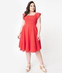 Plus Size Swing-Skirt Fitted Pocketed Vintage Smocked Cap Sleeves Dress