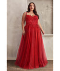 Plus Size A-line Sleeveless Spaghetti Strap Floor Length Corset Waistline Shirred Lace-Up Open-Back Slit Beaded Glittering Applique Sheer Sweetheart Dress