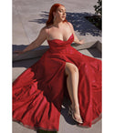 Plus Size Cowl Neck Slit Glittering Pleated Corset Waistline Floor Length Ball Gown Prom Dress with a Brush/Sweep Train