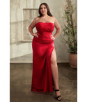 Plus Size Strapless Slit Ruched Pleated Sheath Corset Waistline Satin Sweetheart Floor Length Sheath Dress/Evening Dress