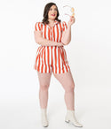 Plus Size V-neck Striped Print Collared Smocked Fitted Banding Pocketed Button Front Vintage Short Sleeves Sleeves Romper